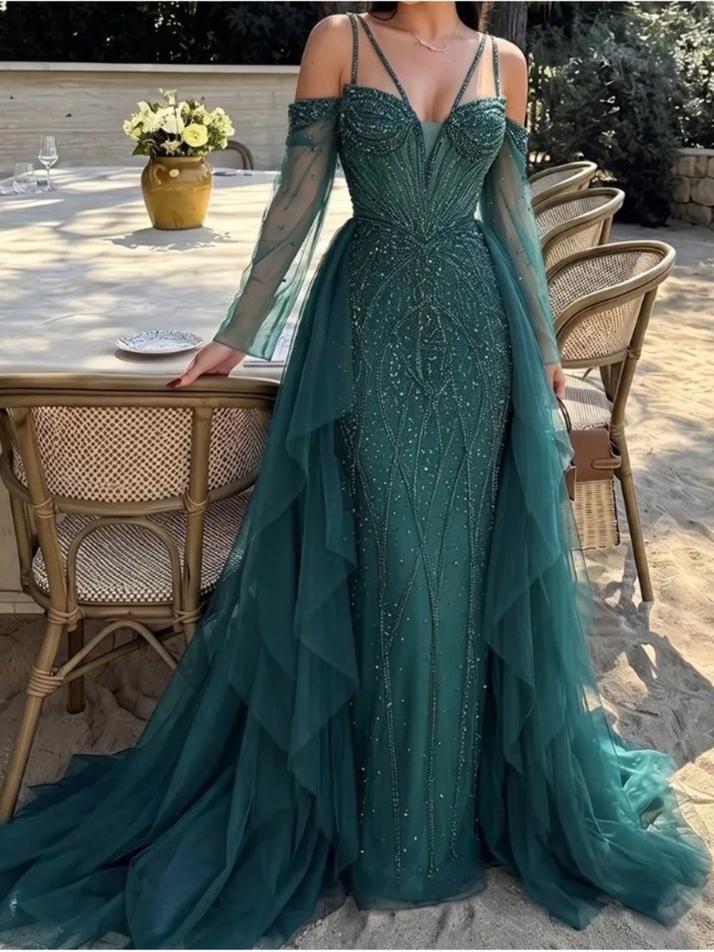 Beaded Off-Shoulder Emerald Maxi Dress with Sheer Draped Sleeves
